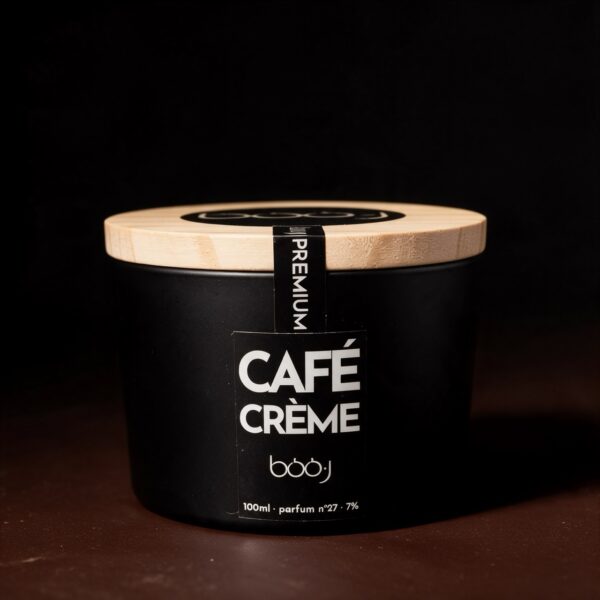Bougie parfumée artisanale Café crème parfum n°27 en pot noir 100 ml, notes espresso, mousse de lait chaud et caramel, boo·j