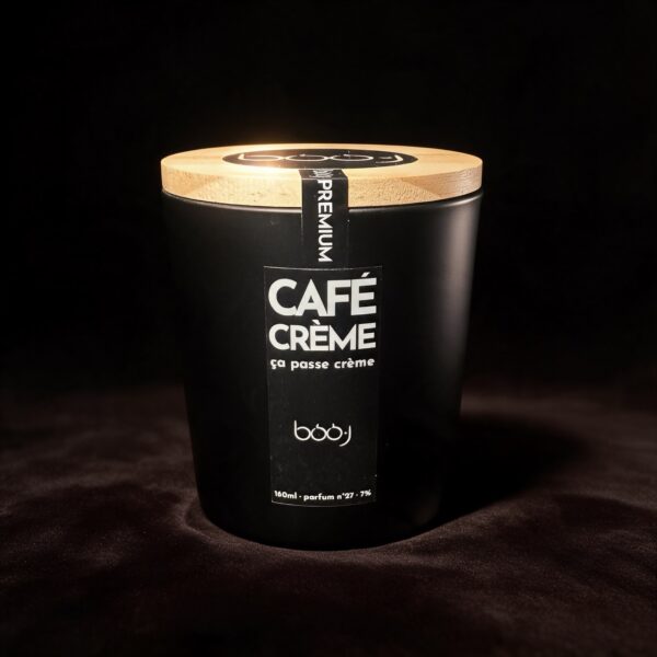 Bougie parfumée artisanale Café crème parfum n°27 en pot noir 160 ml, notes espresso, mousse de lait chaud et caramel, boo·j