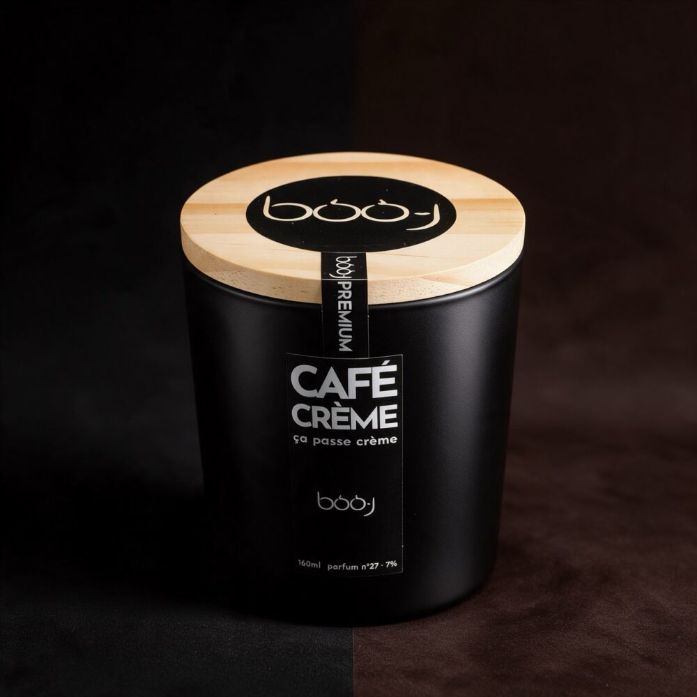 Bougie parfumée artisanale Café crème parfum n°27 en pot noir 160 ml, notes espresso, mousse de lait chaud et caramel, boo·j