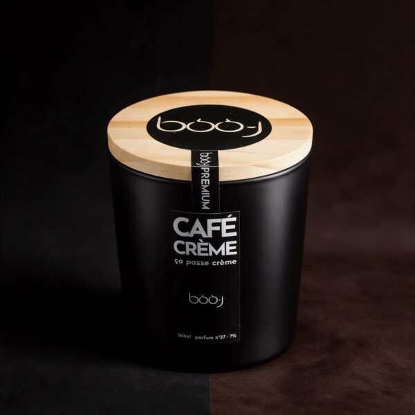 Bougie parfumée artisanale Café crème parfum n°27 en pot noir 160 ml, notes espresso, mousse de lait chaud et caramel, boo·j