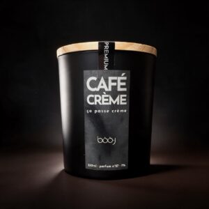 Bougie parfumée artisanale Café crème parfum n°27 en pot noir 330 ml, notes espresso, mousse de lait chaud et caramel, boo·j