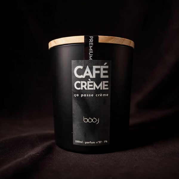 Bougie parfumée artisanale Café crème parfum n°27 en pot noir 330 ml, notes espresso, mousse de lait chaud et caramel, boo·j