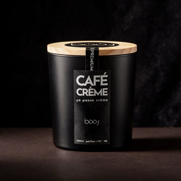 Bougie parfumée artisanale Café crème parfum n°27 en pot noir 330 ml, notes espresso, mousse de lait chaud et caramel, boo·j