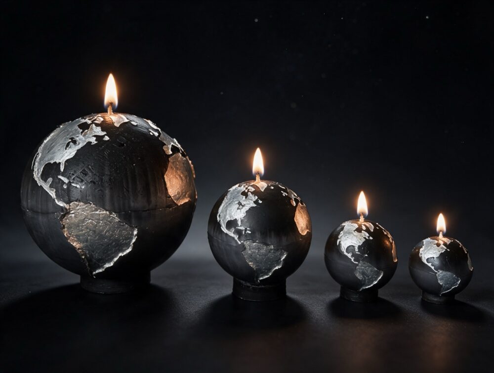 Collection de quatre bougies sphère Terre boo·j en noir anthracite dégradé gris, aux continents blancs irisés, en 19, 12, 8 et 6 cm