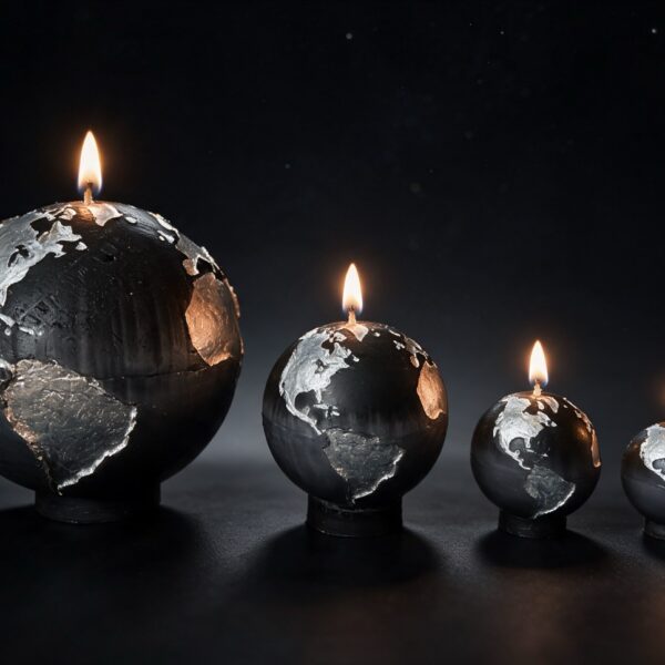 Collection de quatre bougies sphère Terre boo·j en noir anthracite dégradé gris, aux continents blancs irisés, en 19, 12, 8 et 6 cm