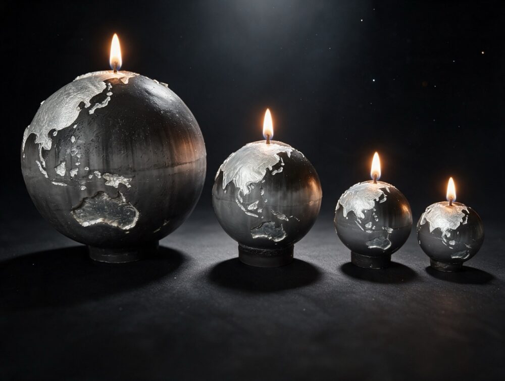 Collection de quatre bougies sphère Terre boo·j en noir anthracite dégradé gris, aux continents blancs irisés, en 19, 12, 8 et 6 cm