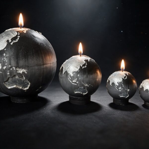 Collection de quatre bougies sphère Terre boo·j en noir anthracite dégradé gris, aux continents blancs irisés, en 19, 12, 8 et 6 cm