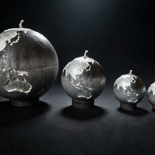 Collection de quatre bougies sphère Terre boo·j en noir anthracite dégradé gris, aux continents blancs irisés, en 19, 12, 8 et 6 cm