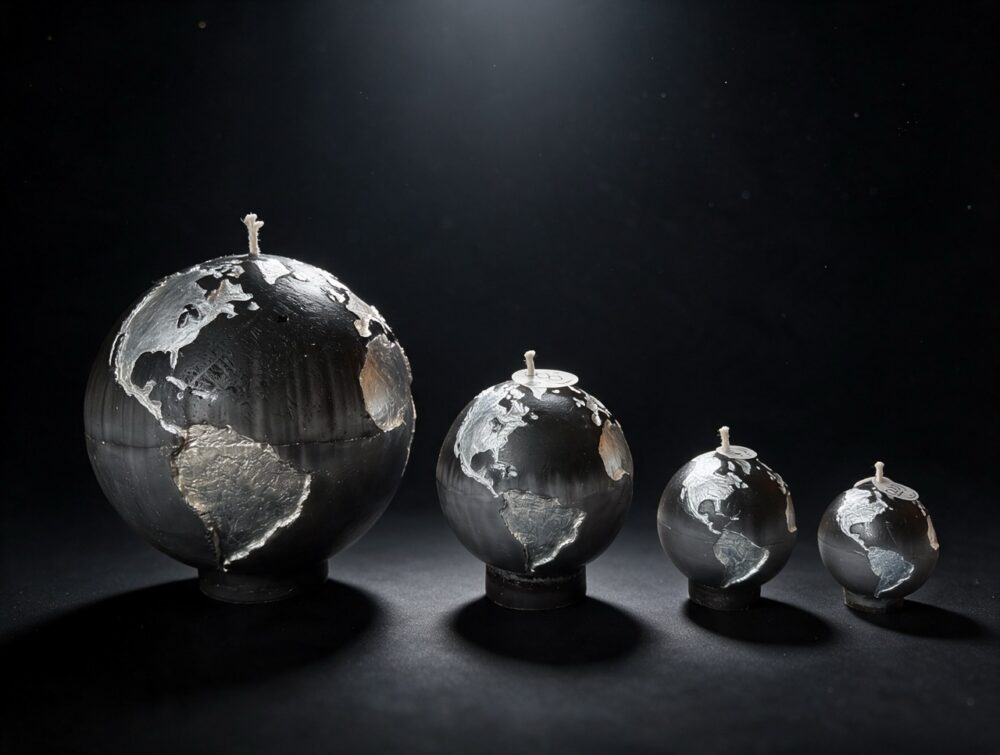 Collection de quatre bougies sphère Terre boo·j en noir anthracite dégradé gris, aux continents blancs irisés, en 19, 12, 8 et 6 cm