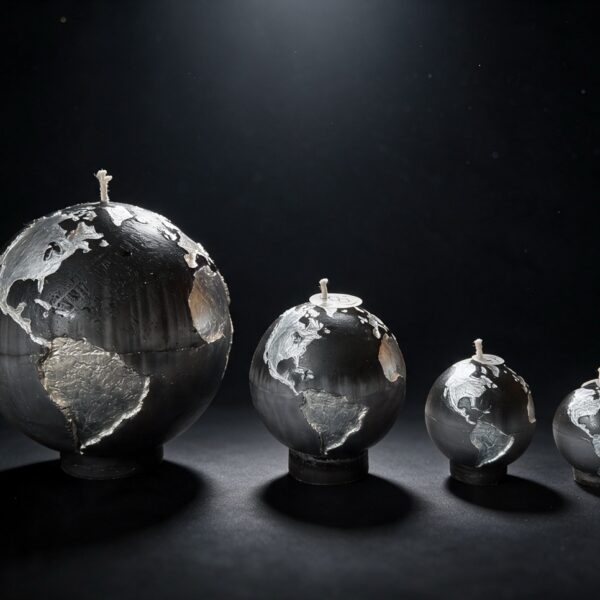 Collection de quatre bougies sphère Terre boo·j en noir anthracite dégradé gris, aux continents blancs irisés, en 19, 12, 8 et 6 cm
