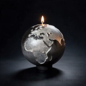 Bougie Sphère décorative noir anthracite de 19 cm représentant la Terre, avec des continents blancs aux reflets irisés, posée sur un fond neutre.